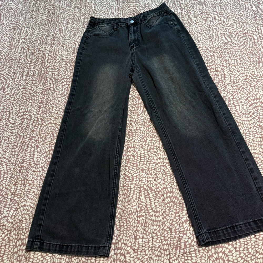 Dazy Womens Black Denim Wide-Leg Jeans Size Large